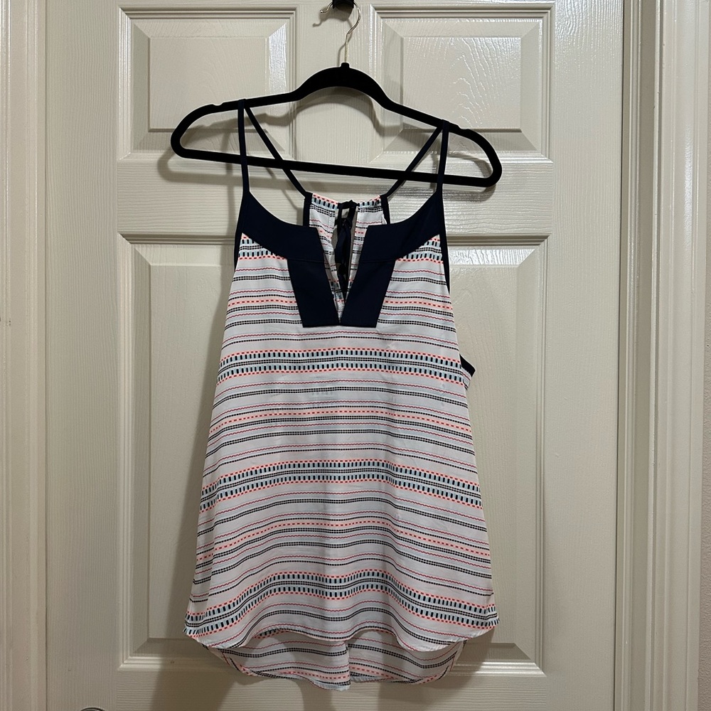 Athleta split neck racerback tassel back tank top coral stripe navy size medium
